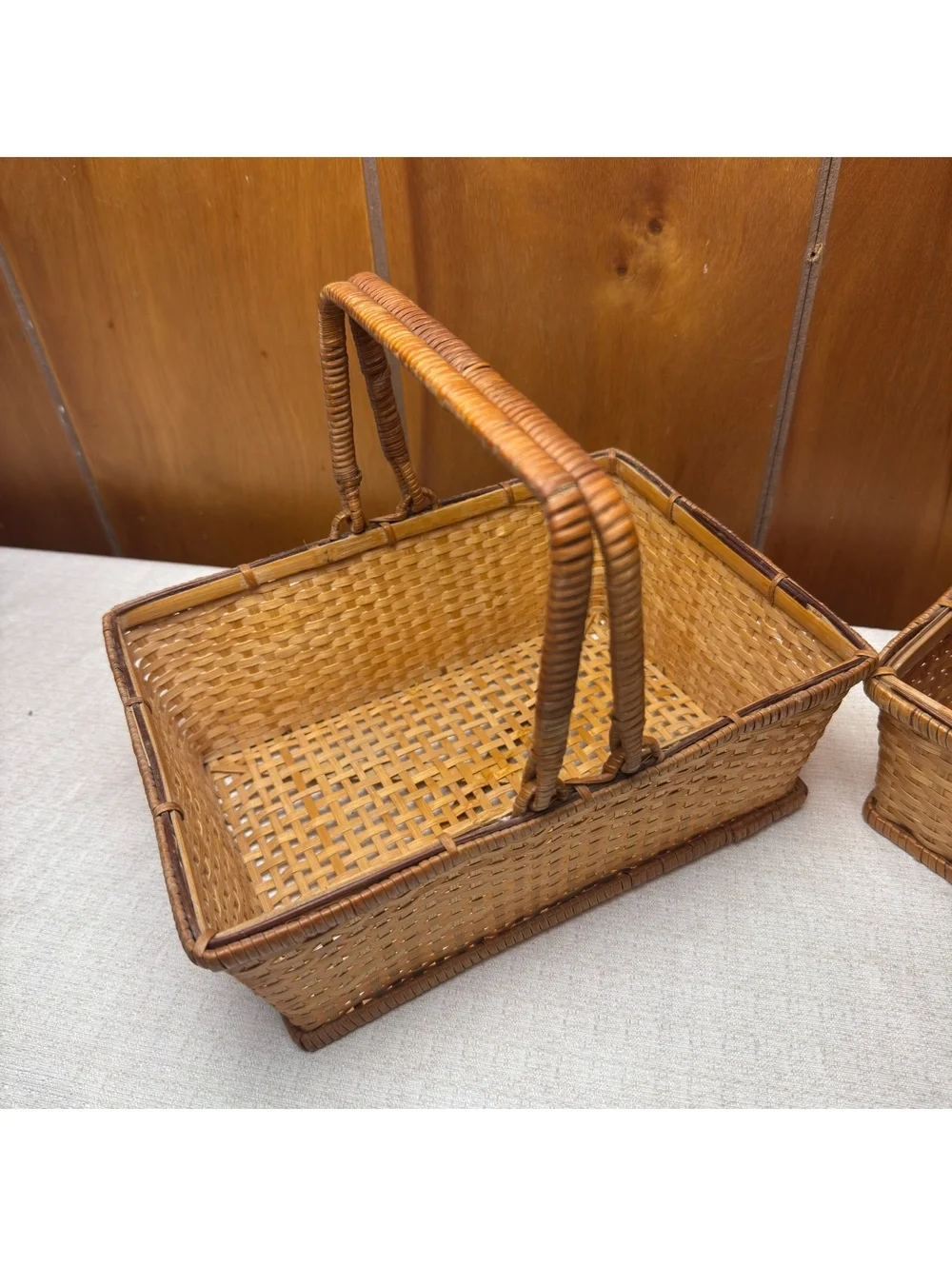 Vintage Woven Rattan Basket Rectangular Handled Storage Basket Boho Decor